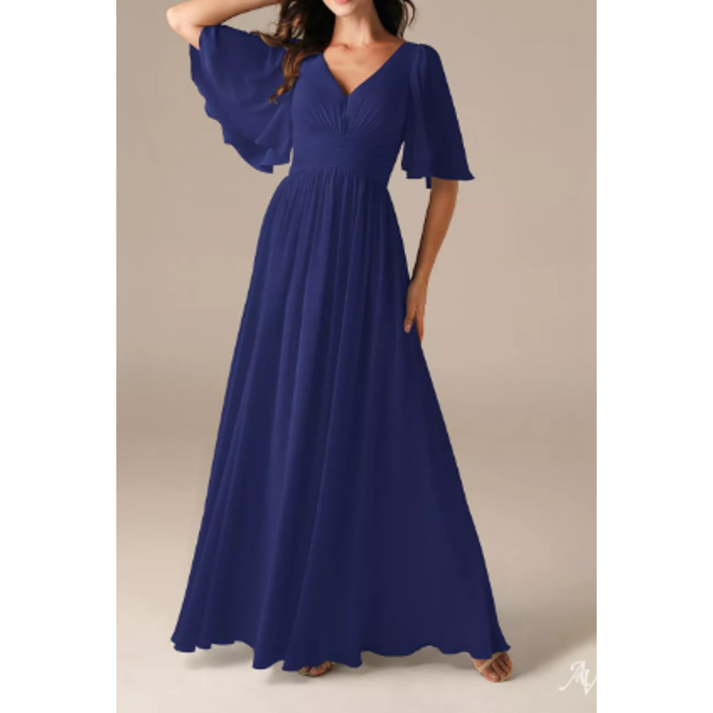 Elegant Navy Blue Maxi Dress with Flutter Sleeves